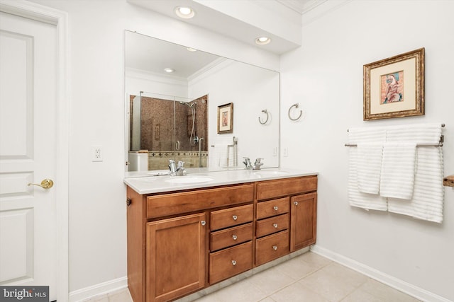 29 Sparrow Dr, Hamilton, NJ 08690 - bathroom featuring ornamental molding, a sink, a stall shower, double vanity, and baseboards