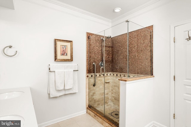 29 Sparrow Dr, Hamilton, NJ 08690 - bathroom featuring baseboards, ornamental molding, a stall shower, tile patterned floors, and a sink