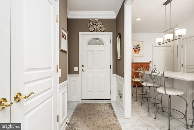 29 Sparrow Dr, Hamilton, NJ 08690 - foyer entrance featuring a decorative wall, crown molding, recessed lighting, wainscoting, and marble finish floor