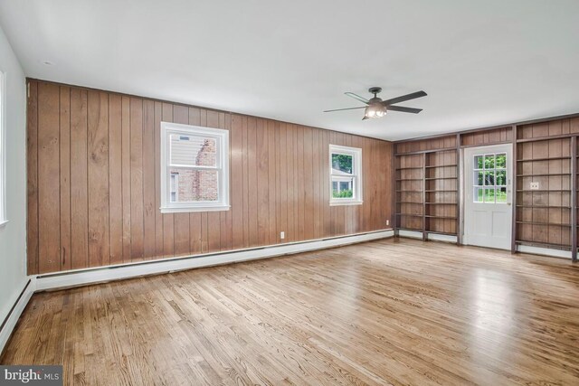 8205 Robin Hood Ct, Towson, MD 21204 - spare room featuring wood finished floors, built in shelves, wooden walls, ceiling fan, and a baseboard radiator