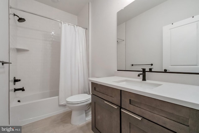full bathroom featuring shower / bath combo, tile patterned floors, toilet, and vanity