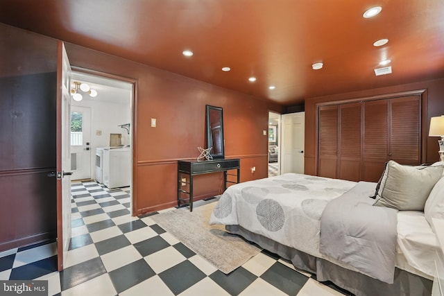 7910 Bayberry Dr, Alexandria, VA 22306 - bedroom with tile patterned floors, separate washer and dryer, recessed lighting, ensuite bathroom, and a closet