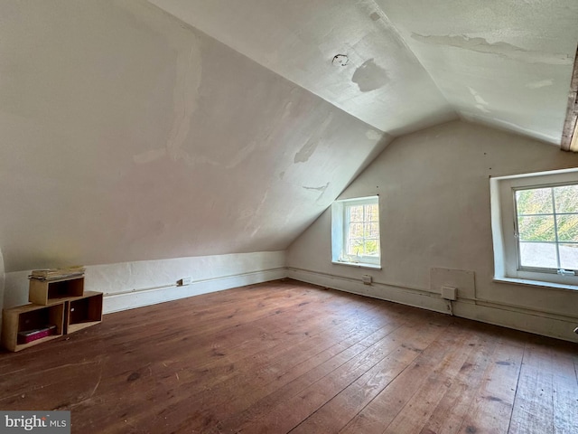 additional living space with hardwood / wood-style floors and vaulted ceiling