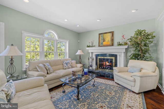 living room with recessed lighting, wood finished floors, and a fireplace