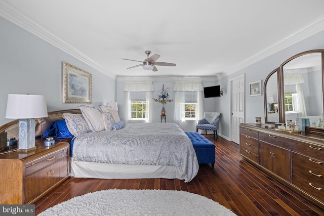bedroom featuring crown molding, a ceiling fan, and dark wood-style flooring