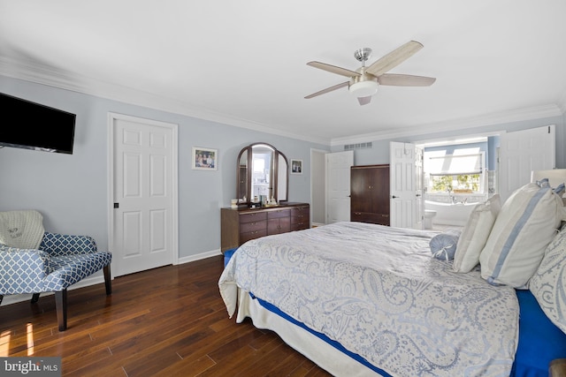 bedroom featuring crown molding, ceiling fan, dark wood finished floors, baseboards, and visible vents