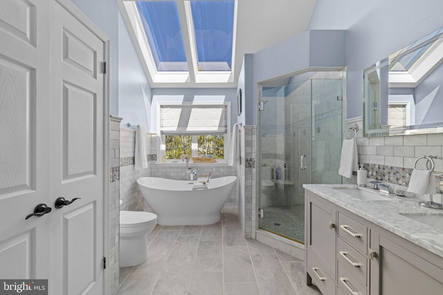bathroom featuring a skylight, a shower stall, and a sink