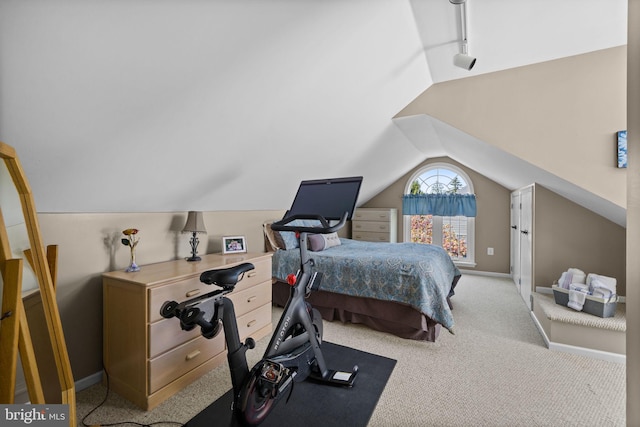 bedroom with light colored carpet and vaulted ceiling