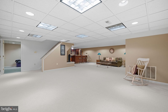 living area featuring a dry bar, carpet floors, recessed lighting, a drop ceiling, and visible vents
