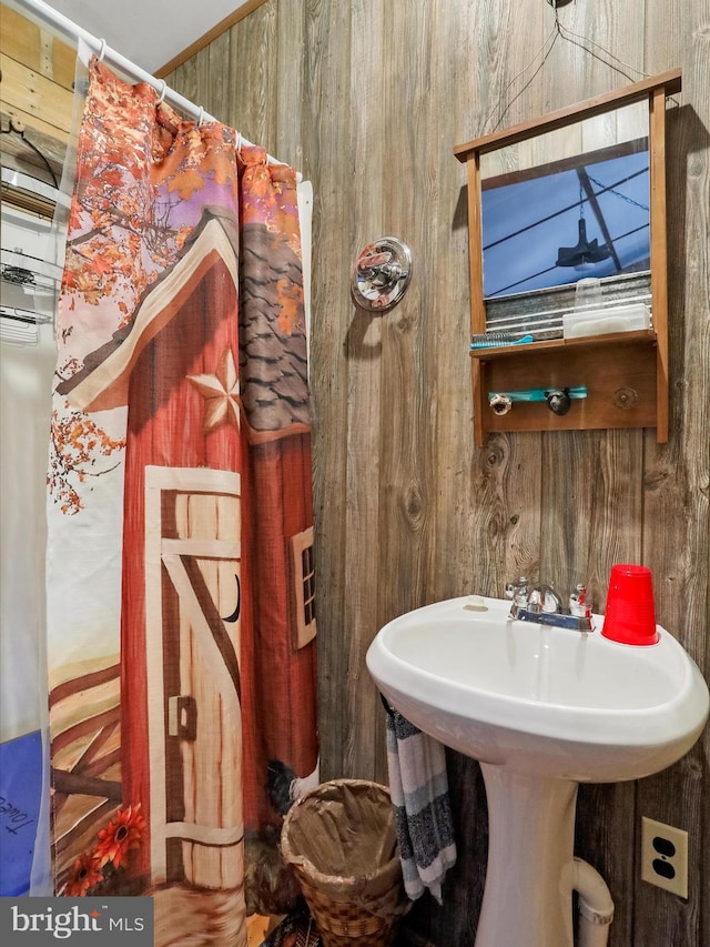 29 Roy Guinn Rd, Points, WV 25437 - bathroom with a shower with shower curtain and wooden walls