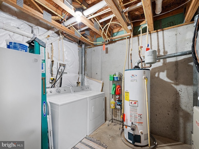 interior space with water heater and washing machine and clothes dryer