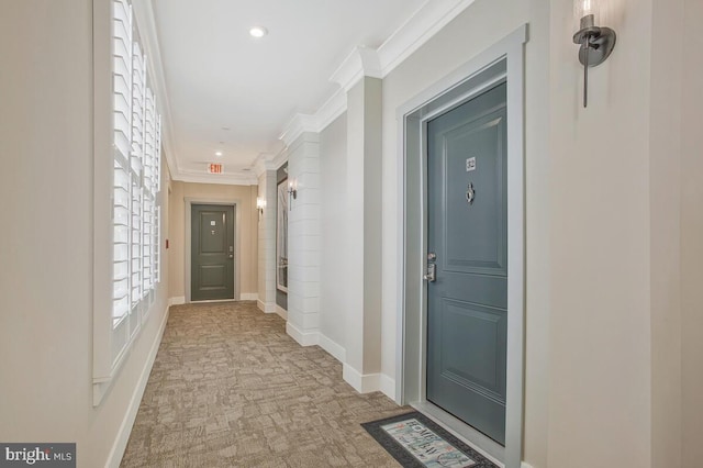 170 Harrier Way Unit 32, Chester, MD 21619 - corridor with recessed lighting, light carpet, baseboards, and ornamental molding