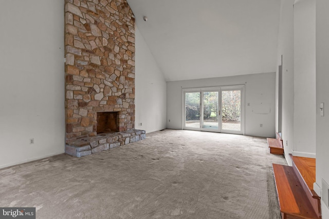 29 Foxcroft Dr, Princeton, NJ 08540 - unfurnished living room with a stone fireplace, high vaulted ceiling, and carpet