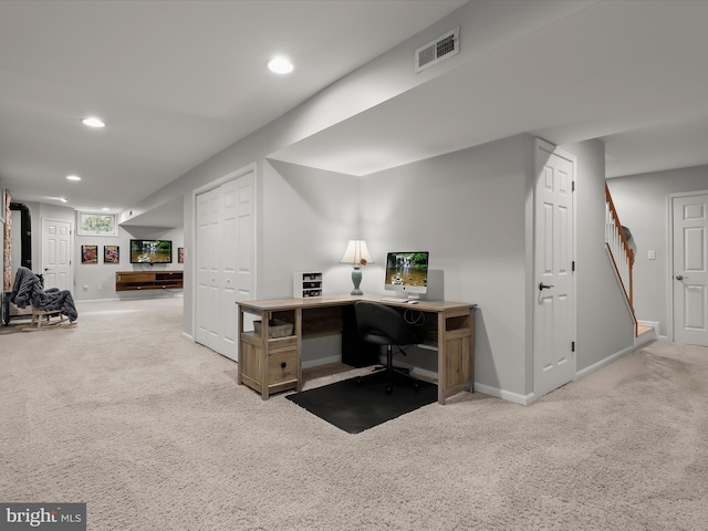 office featuring carpet floors, baseboards, and recessed lighting