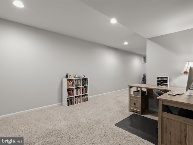 office area featuring carpet, baseboards, and recessed lighting