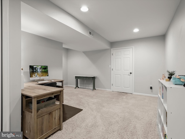 sitting room with carpet flooring, baseboards, and recessed lighting