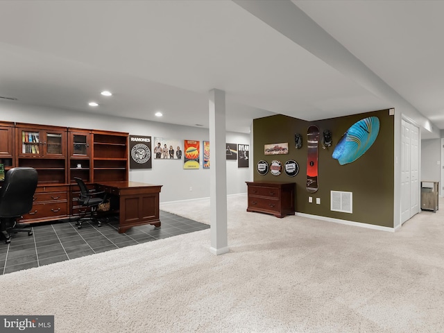 office space with carpet, baseboards, and recessed lighting
