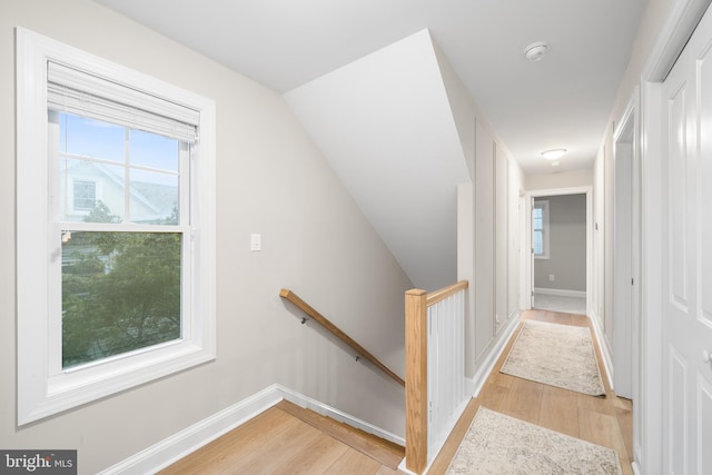 corridor featuring a wealth of natural light, an upstairs landing, and light wood finished floors