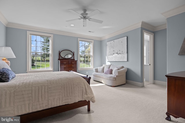 bedroom featuring ornamental molding, light carpet, baseboards, visible vents, and a ceiling fan