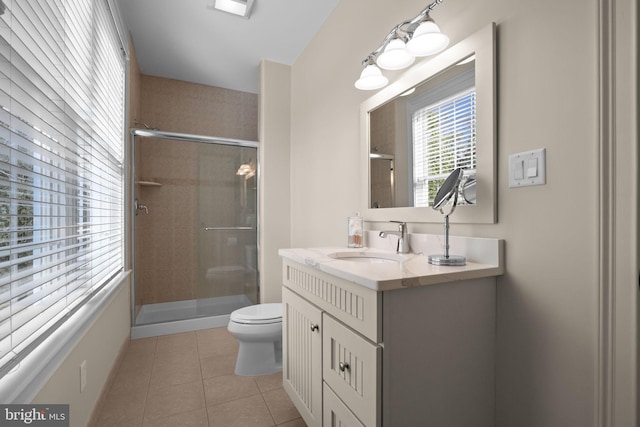 full bathroom with vanity, toilet, a shower stall, and tile patterned flooring