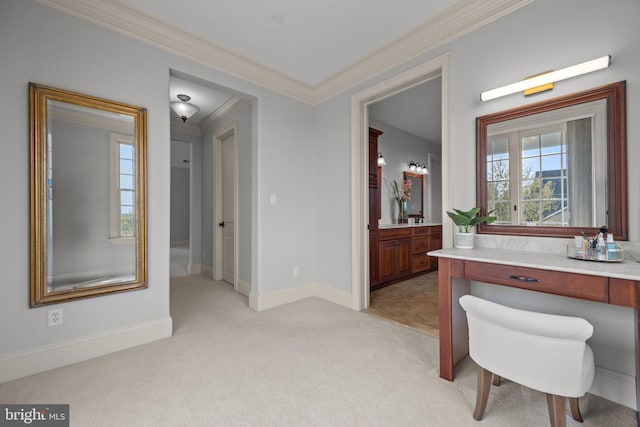 interior space with crown molding, baseboards, and light carpet
