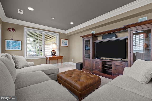 carpeted living room featuring crown molding, recessed lighting, and baseboards