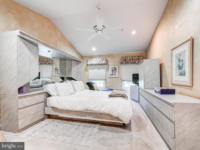 bedroom featuring ceiling fan and vaulted ceiling