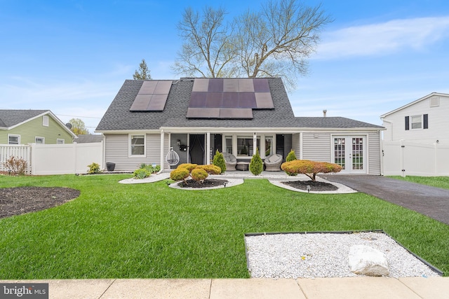 11 New Coach Pl, Willingboro, NJ 08046 - view of front of property featuring roof with shingles, solar panels, an outdoor hangout area, and french doors