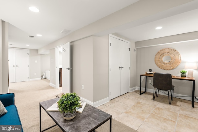 office area with baseboards, recessed lighting, and visible vents
