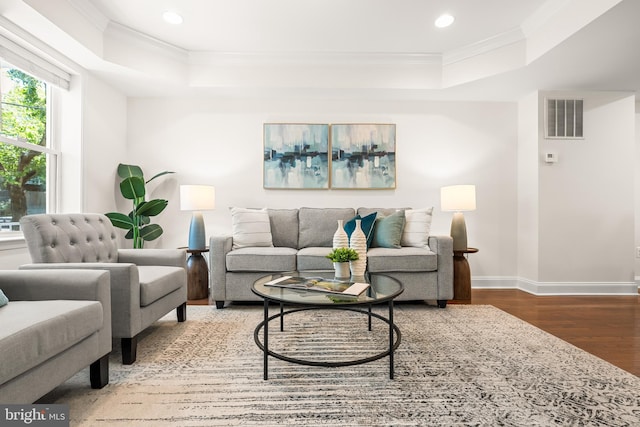 living area with visible vents, wood finished floors, baseboards, recessed lighting, and a tray ceiling