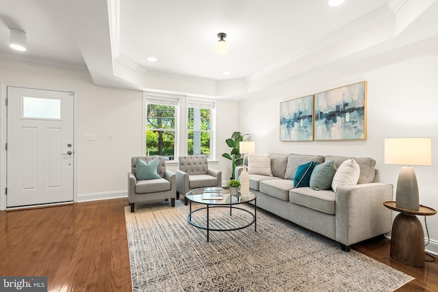 living area featuring a raised ceiling, ornamental molding, recessed lighting, and wood finished floors