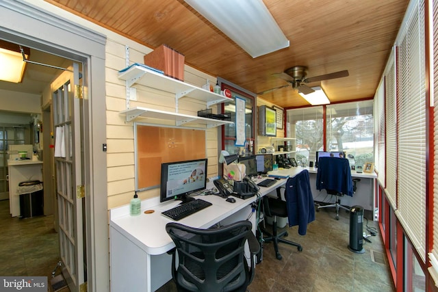 office with wooden ceiling, a ceiling fan, and visible vents