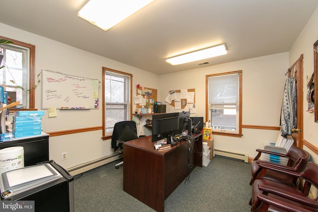 office area with a baseboard heating unit and plenty of natural light