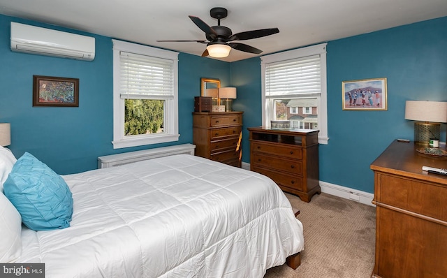 538 Gainsboro Rd, Drexel Hill, PA 19026 - bedroom featuring baseboards, ceiling fan, carpet, radiator, and a wall unit AC