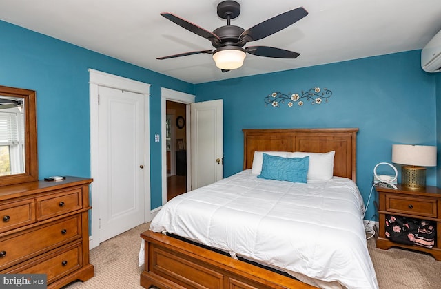 538 Gainsboro Rd, Drexel Hill, PA 19026 - bedroom with a closet, an AC wall unit, light colored carpet, and a ceiling fan