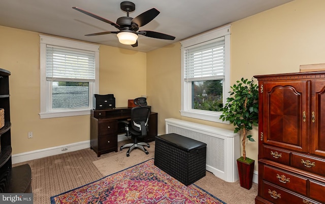 538 Gainsboro Rd, Drexel Hill, PA 19026 - office space featuring radiator heating unit, a ceiling fan, light carpet, and baseboards