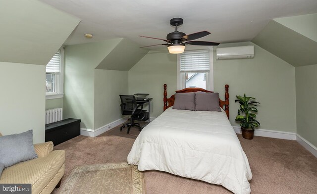 538 Gainsboro Rd, Drexel Hill, PA 19026 - bedroom with an AC wall unit, radiator, carpet flooring, and vaulted ceiling