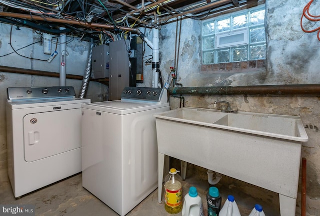 538 Gainsboro Rd, Drexel Hill, PA 19026 - clothes washing area with laundry area, electric panel, a sink, and washing machine and dryer