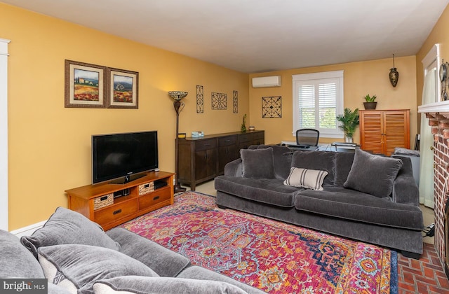 538 Gainsboro Rd, Drexel Hill, PA 19026 - living area featuring brick floor, a brick fireplace, and a wall mounted air conditioner