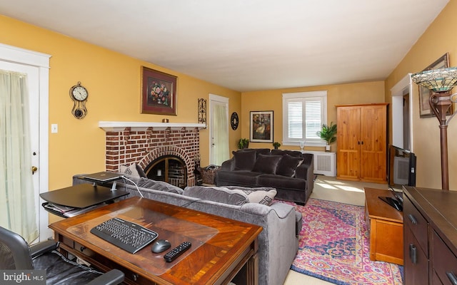 538 Gainsboro Rd, Drexel Hill, PA 19026 - living room featuring radiator heating unit and a brick fireplace