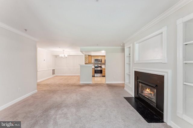 unfurnished living room with crown molding, light carpet, a chandelier, a fireplace with flush hearth, and visible vents