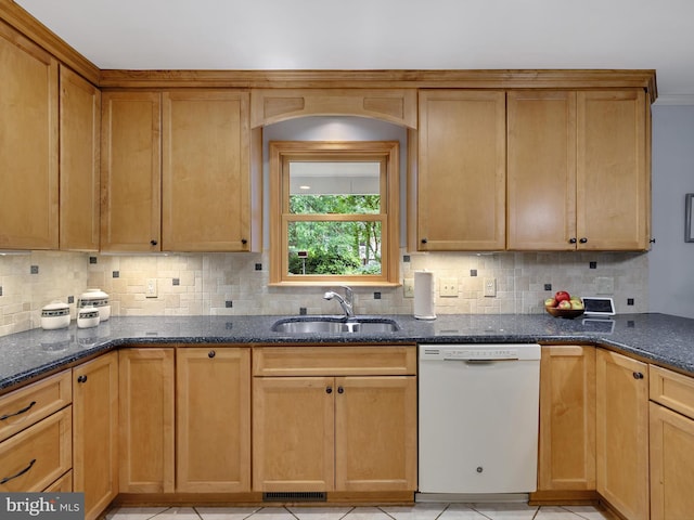 506 Devonshire Ln, Severna Park, MD 21146 - kitchen featuring white dishwasher, tasteful backsplash, dark stone counters, and light tile patterned floors
