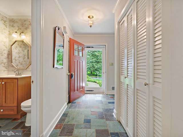 506 Devonshire Ln, Severna Park, MD 21146 - entrance foyer featuring stone tile floors and crown molding