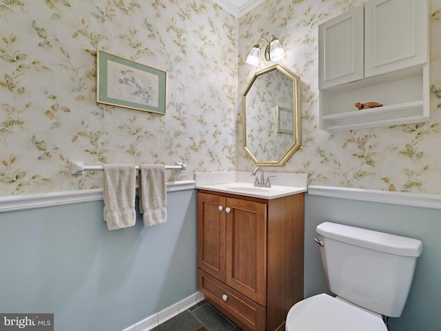 506 Devonshire Ln, Severna Park, MD 21146 - bathroom with vanity, wainscoting, wallpapered walls, and tile patterned floors