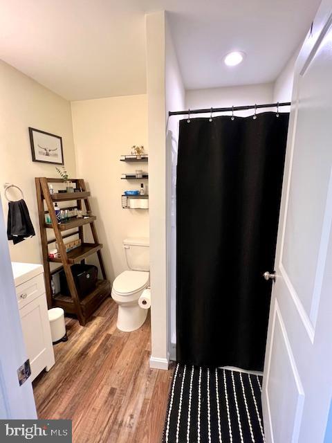 bathroom with toilet, wood finished floors, vanity, and curtained shower