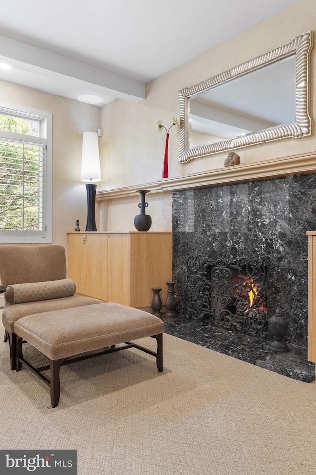 sitting room with a high end fireplace and carpet floors