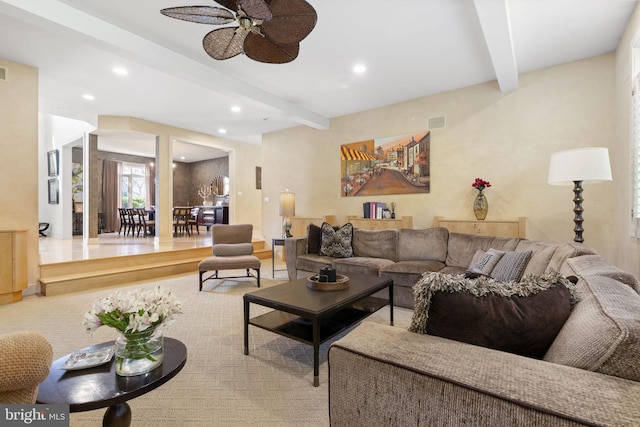 living area featuring recessed lighting, visible vents, beam ceiling, and ceiling fan
