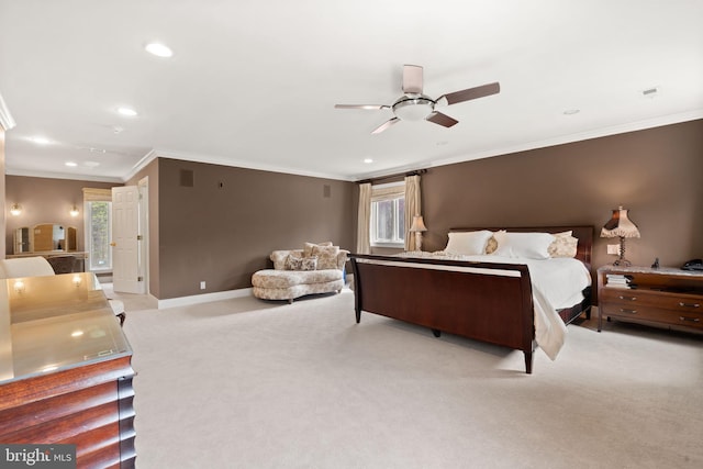 bedroom with crown molding, baseboards, recessed lighting, and carpet flooring
