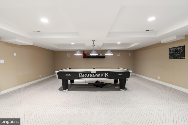 recreation room featuring visible vents, baseboards, and carpet