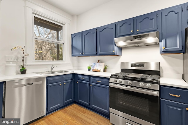 3218 13th St NW, Washington, DC 20010 - kitchen featuring a sink, stainless steel appliances, light countertops, blue cabinetry, and under cabinet range hood